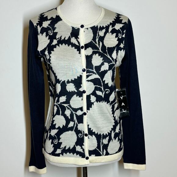 YAL NEW YORK Blue Cream Floral Button Up Cardigan Sweater Size M NWT - Picture 1 of 8